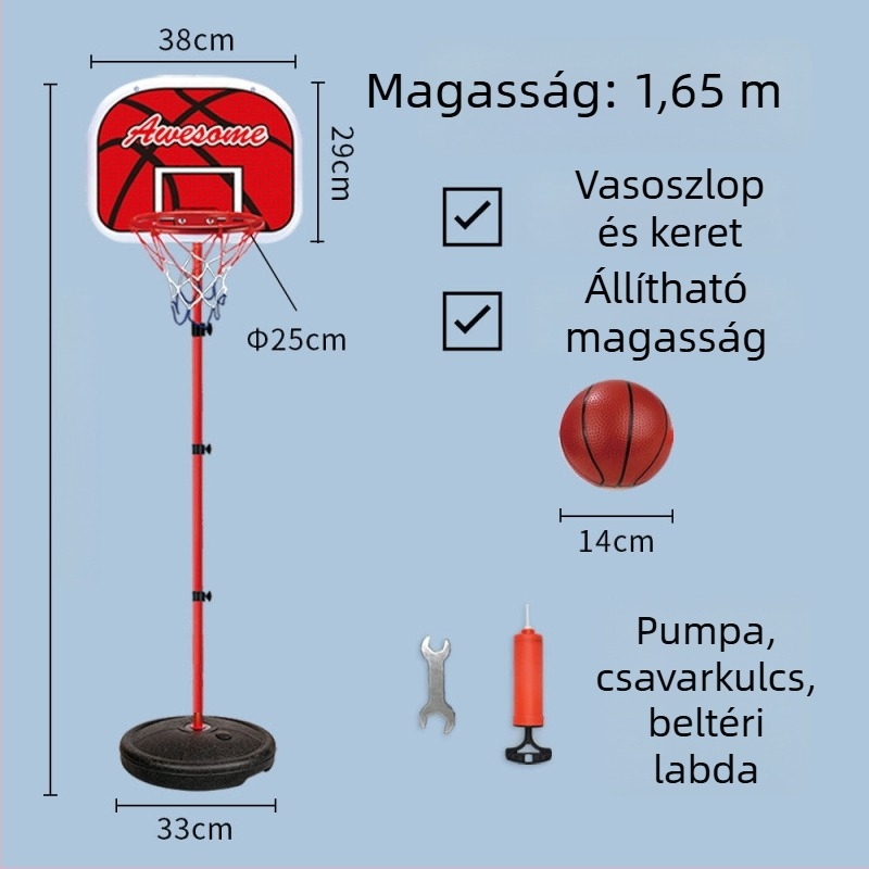 Gyerekeknek szóló állítható kosárállvány bel- és kültéri használatra, vasvázas kosárral