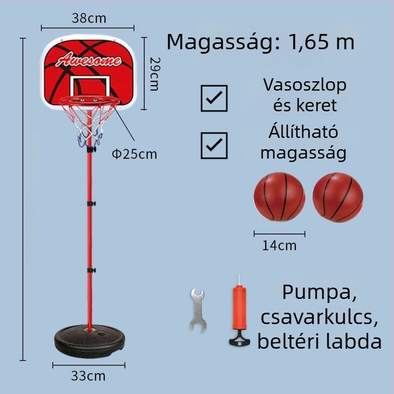 Gyerekeknek szóló állítható kosárállvány bel- és kültéri használatra, vasvázas kosárral