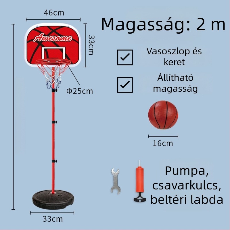 Gyerekeknek szóló állítható kosárállvány bel- és kültéri használatra, vasvázas kosárral