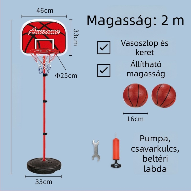 Gyerekeknek szóló állítható kosárállvány bel- és kültéri használatra, vasvázas kosárral