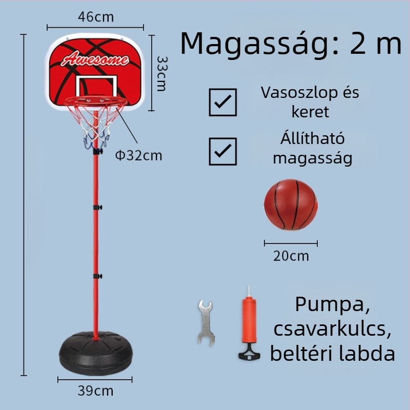 Gyerekeknek szóló állítható kosárállvány bel- és kültéri használatra, vasvázas kosárral