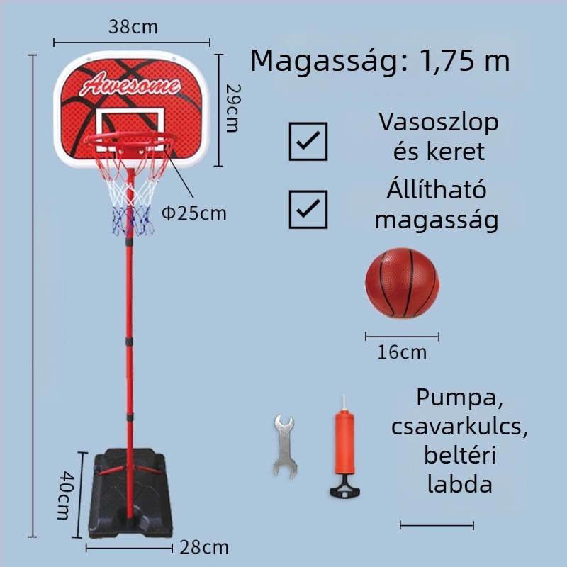 Gyerekeknek szóló állítható kosárállvány bel- és kültéri használatra, vasvázas kosárral
