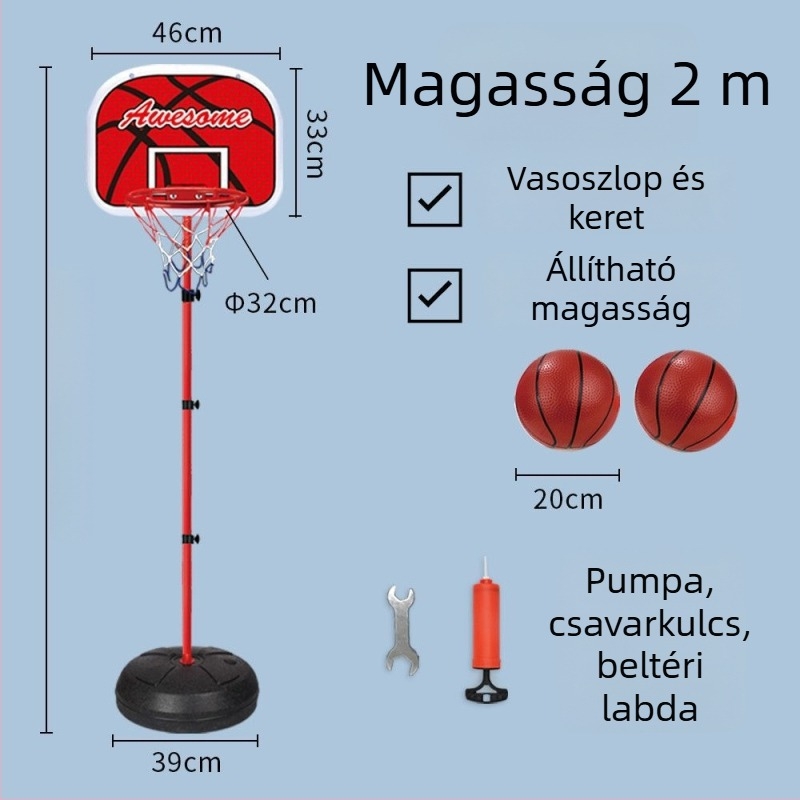 Gyerekeknek szóló állítható kosárállvány bel- és kültéri használatra, vasvázas kosárral