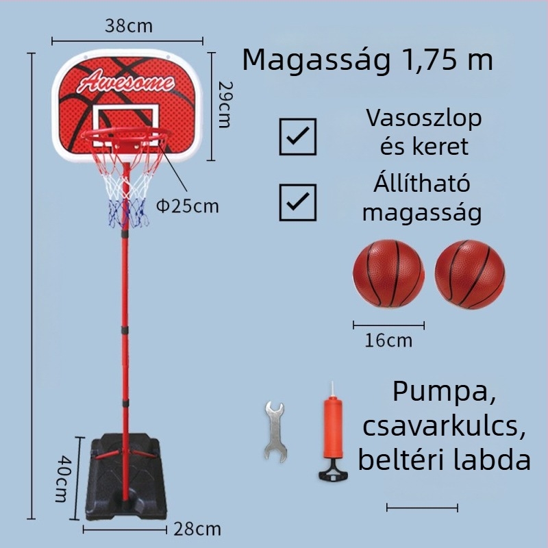 Gyerekeknek szóló állítható kosárállvány bel- és kültéri használatra, vasvázas kosárral