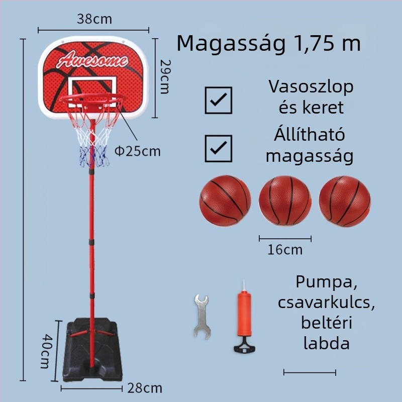Gyerekeknek szóló állítható kosárállvány bel- és kültéri használatra, vasvázas kosárral