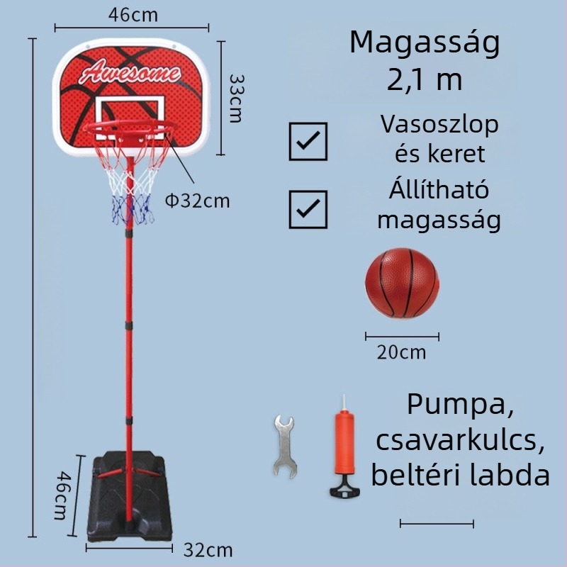 Gyerekeknek szóló állítható kosárállvány bel- és kültéri használatra, vasvázas kosárral