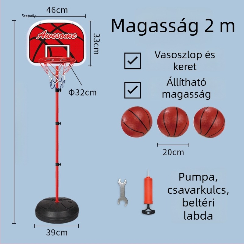 Gyerekeknek szóló állítható kosárállvány bel- és kültéri használatra, vasvázas kosárral