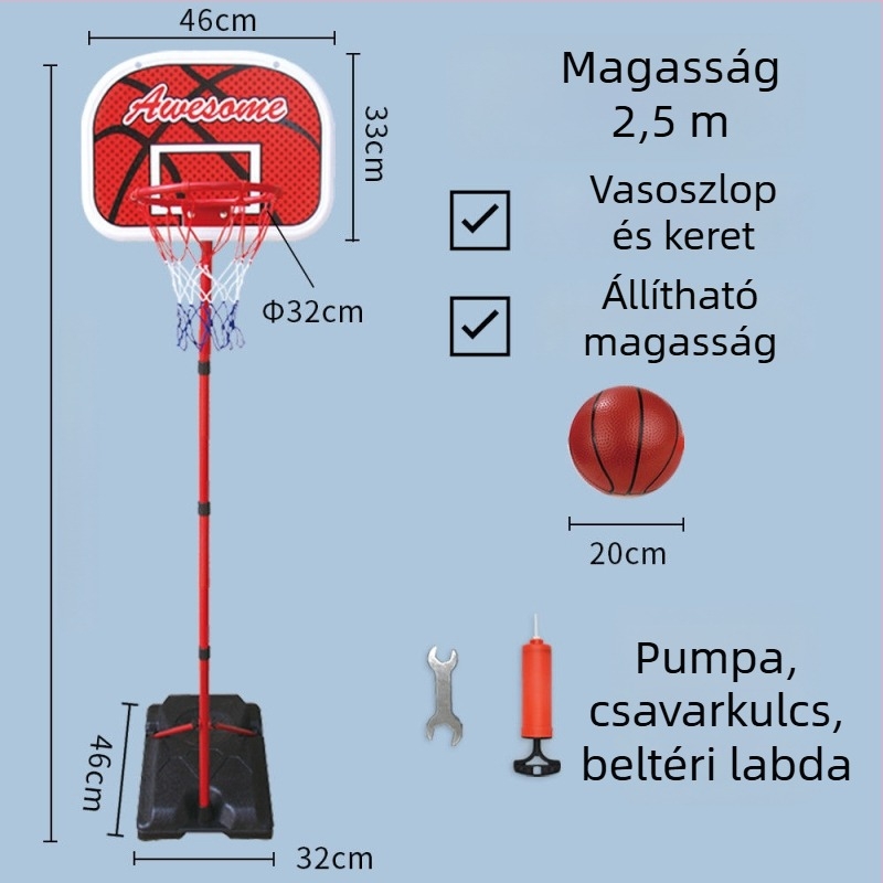 Gyerekeknek szóló állítható kosárállvány bel- és kültéri használatra, vasvázas kosárral