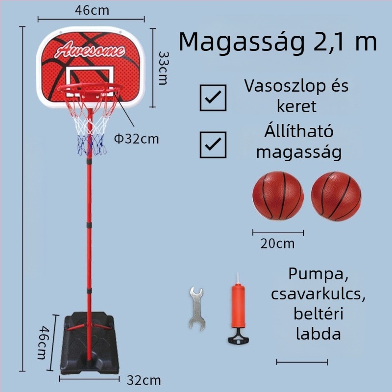 Gyerekeknek szóló állítható kosárállvány bel- és kültéri használatra, vasvázas kosárral