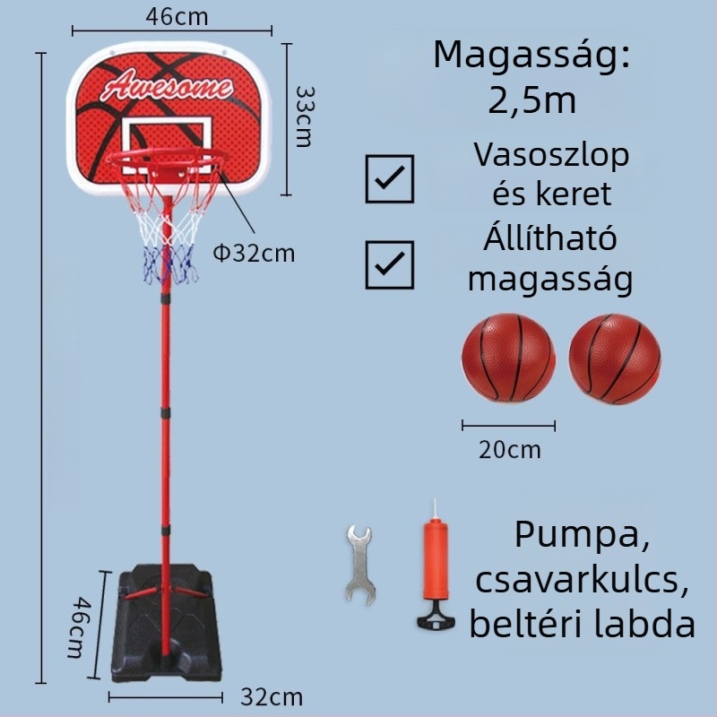 Gyerekeknek szóló állítható kosárállvány bel- és kültéri használatra, vasvázas kosárral