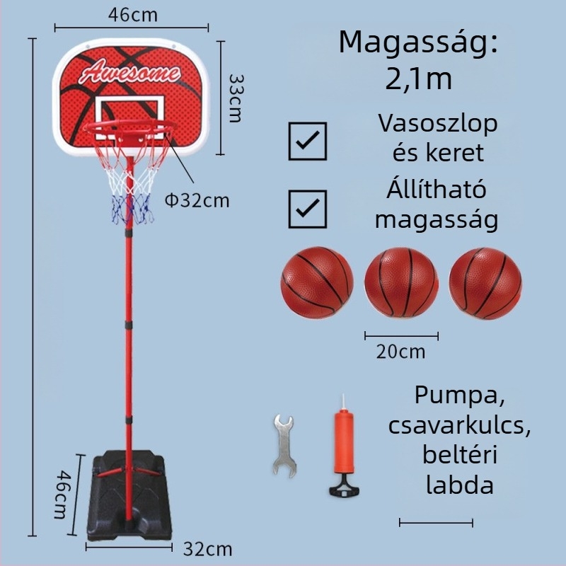 Gyerekeknek szóló állítható kosárállvány bel- és kültéri használatra, vasvázas kosárral