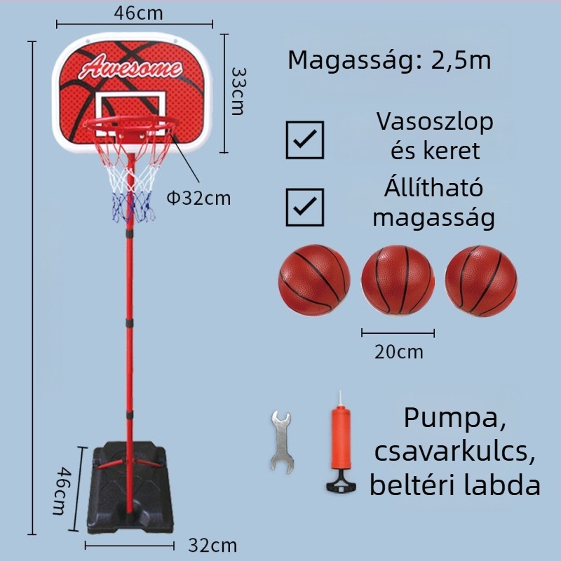 Gyerekeknek szóló állítható kosárállvány bel- és kültéri használatra, vasvázas kosárral