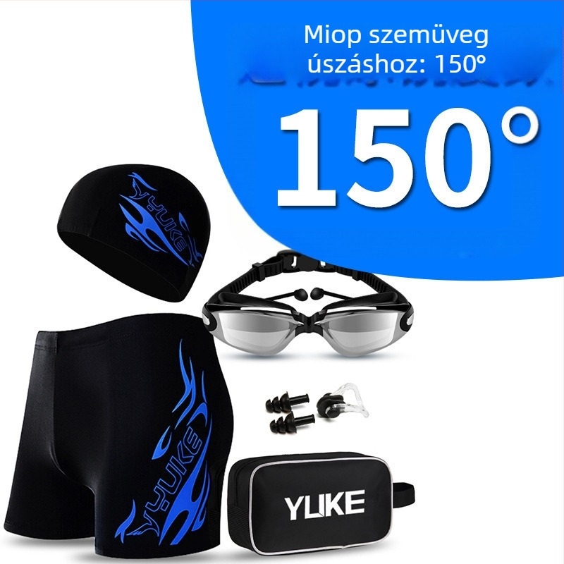 Férfi úszónadrág készlet úszóruhával, úszószemüveggel és sapkával – poliészter anyag, nyomtatott minta, poliészter bélés; alkalmas úszáshoz és vízi sportokra.