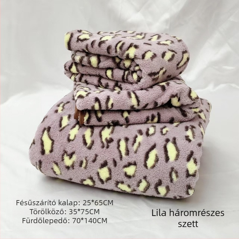 Leopárd mintás korall fleece fürdőlepedő, akasztóval, 150D, kevesebb mint 100 g