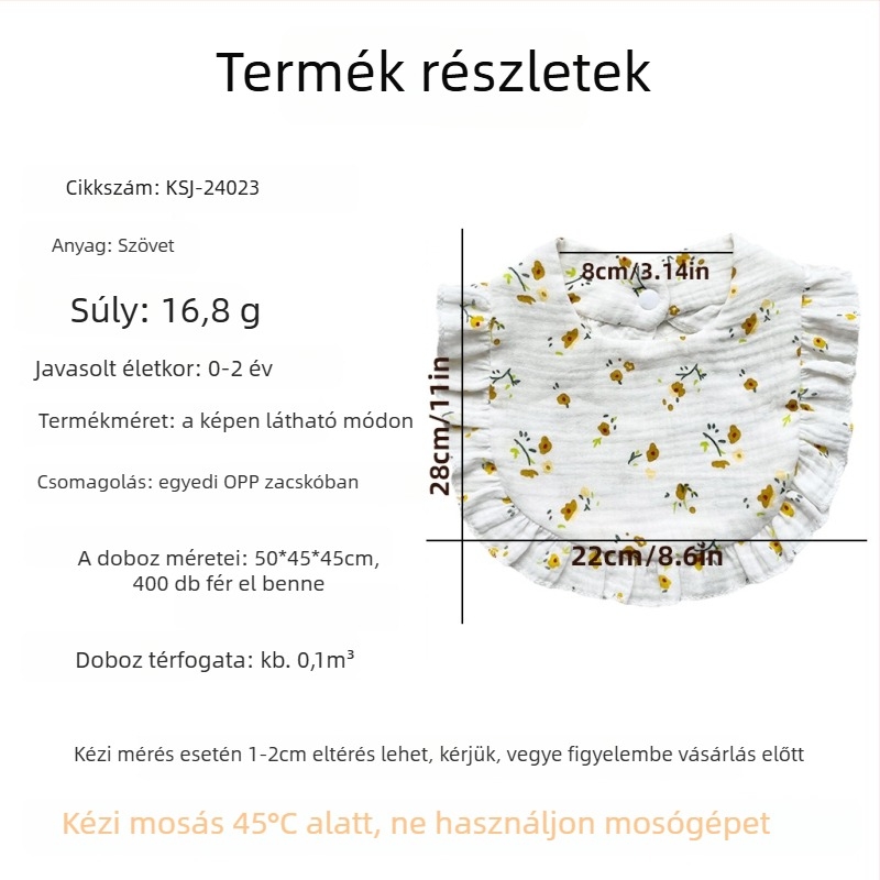 Bébi nyakvédő szalvéta virágos mintával és fodrokkal, anyag: szövet, nedvszívó (0–3 év)