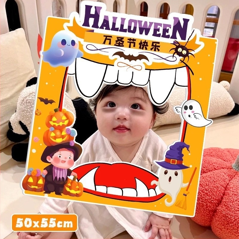 Halloween jelenet háttere tök témájú dekorációval az üzlet/bár bejáratához – fotózási rekvizitok, anyag: selyem virágok