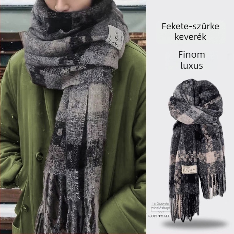 Férfi téli sál — egyszerű szövésű, műkasmír, poliészter, hosszított kialakítás, bojtok