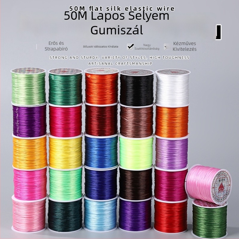 50 m színes, lapos elasztikus zsinór, 0,8 mm, karkötők és gyöngyfűzéshez; DIY elasztikus zsinór
