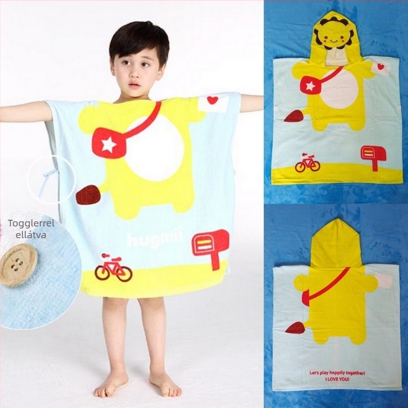 Kapucnis gyerek fürdőlepedő mesés állatmotívummal, 100% pamut, 300-400 g, 32-es fonal, testreszabható feldolgozás