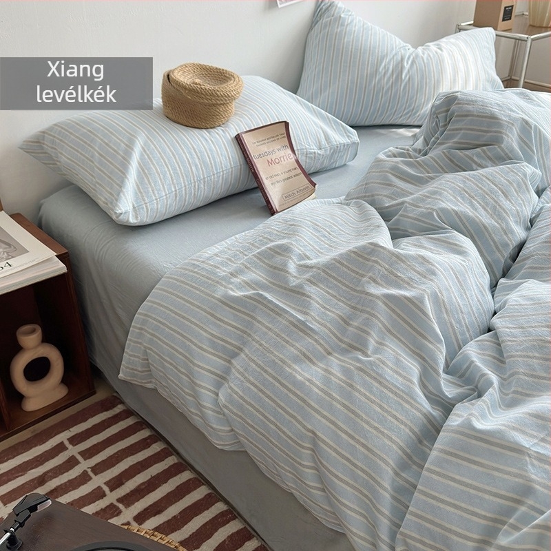 Muji stílusú 100% pamut négyrészes ágyneműkészlet – paplanhuzat, lepedő (flat), gumis lepedő és párnahuzatok; egyszínű és kockás minták