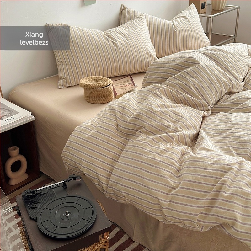 Muji stílusú 100% pamut négyrészes ágyneműkészlet – paplanhuzat, lepedő (flat), gumis lepedő és párnahuzatok; egyszínű és kockás minták