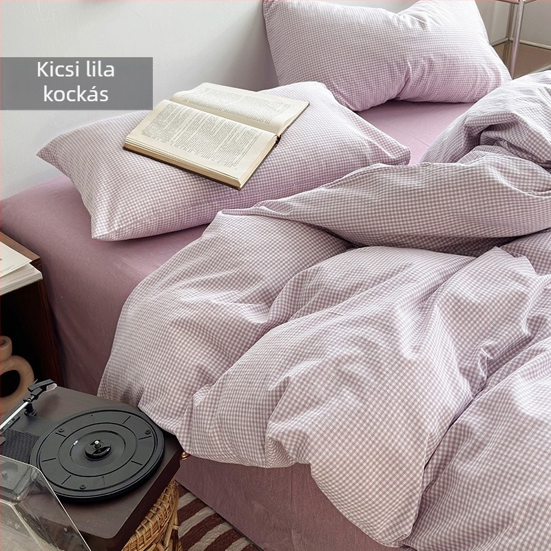 Muji stílusú 100% pamut négyrészes ágyneműkészlet – paplanhuzat, lepedő (flat), gumis lepedő és párnahuzatok; egyszínű és kockás minták