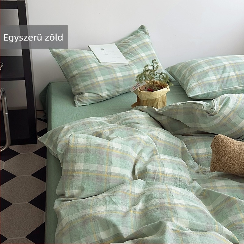 Muji stílusú 100% pamut négyrészes ágyneműkészlet – paplanhuzat, lepedő (flat), gumis lepedő és párnahuzatok; egyszínű és kockás minták