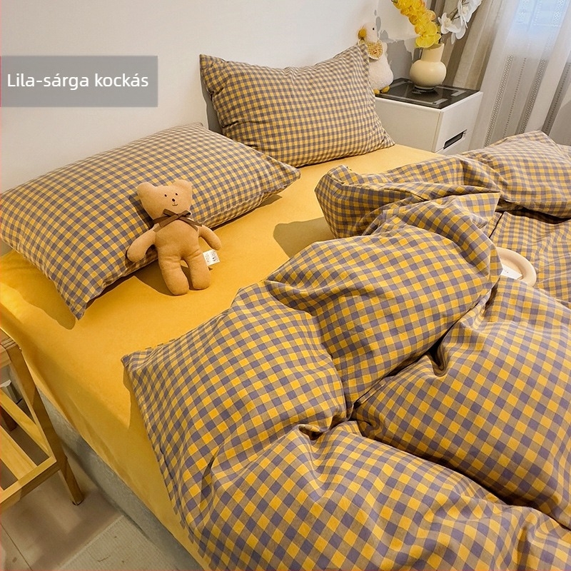 Muji stílusú 100% pamut négyrészes ágyneműkészlet – paplanhuzat, lepedő (flat), gumis lepedő és párnahuzatok; egyszínű és kockás minták