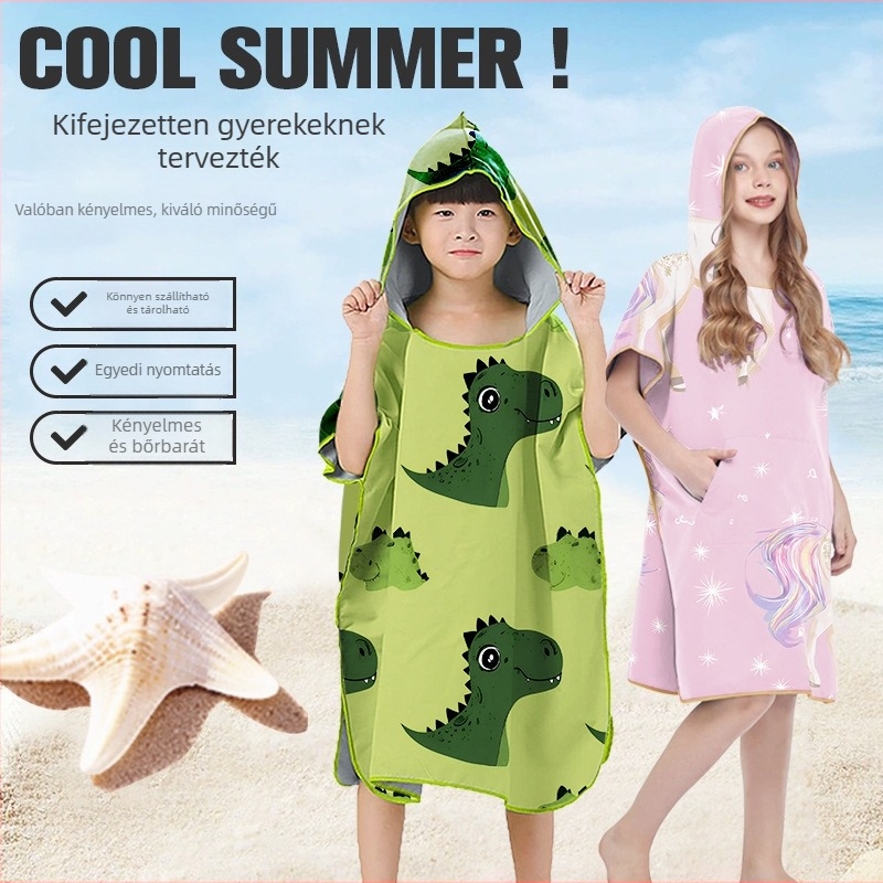 Gyerekek kapucnis fürdőlepedő köpeny – Mikroszálas, 200–300 g, 16 szálú fonal, nyomtatott