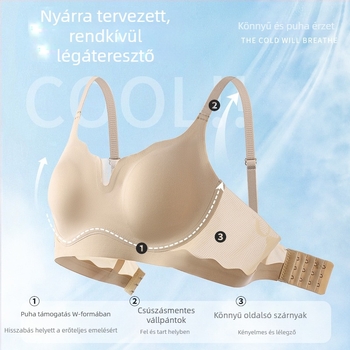 Vékony, formázott kosaras melltartó, varrat nélküli, lélegző nylon anyag, bélés 70–80% nylon, rögzített dupla vállpántok, hátul négy sor kapocs