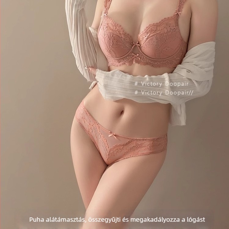 Csipkés részletekkel rendelkező női melltartó szett, kosár 3/4, vékony formázott poharakból készült, puha merevítő, hátoldali háromsoros zár, fix pántok
