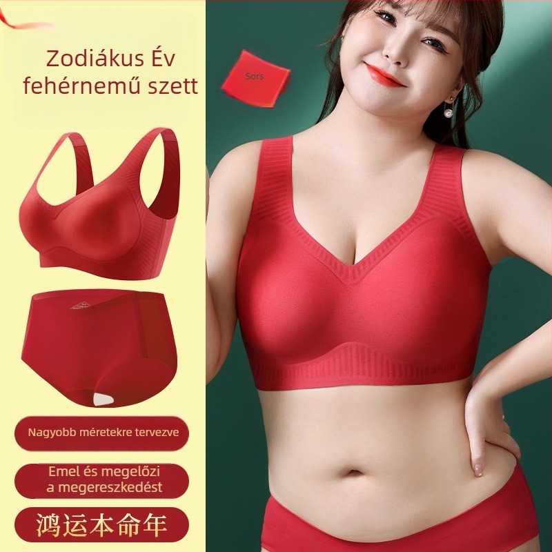 Vörös színű, plusz méretű fehérnemű készlet, drót nélküli melltartó és alsónemű, 3/4 kosár, vékony formázott kosarak