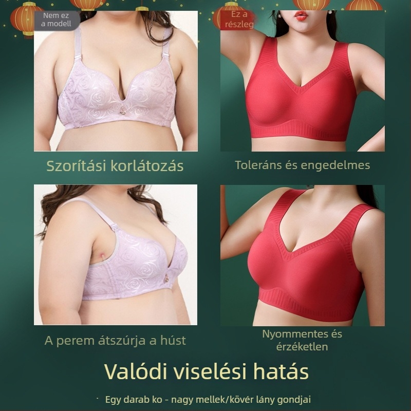 Vörös színű, plusz méretű fehérnemű készlet, drót nélküli melltartó és alsónemű, 3/4 kosár, vékony formázott kosarak