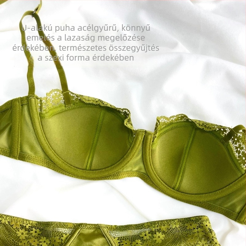 Francia-stílusú csipkés melltartó szett acélgyűrűvel, 1/2 kosár, vékony formázott kosár, push-up kis mellekhez