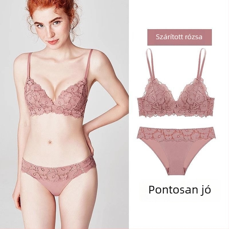 Csipkés push-up melltartó szett, 3/4 kosár, vezeték nélküli, fixált dupla vállpántok, hátsó háromoszlopos zár