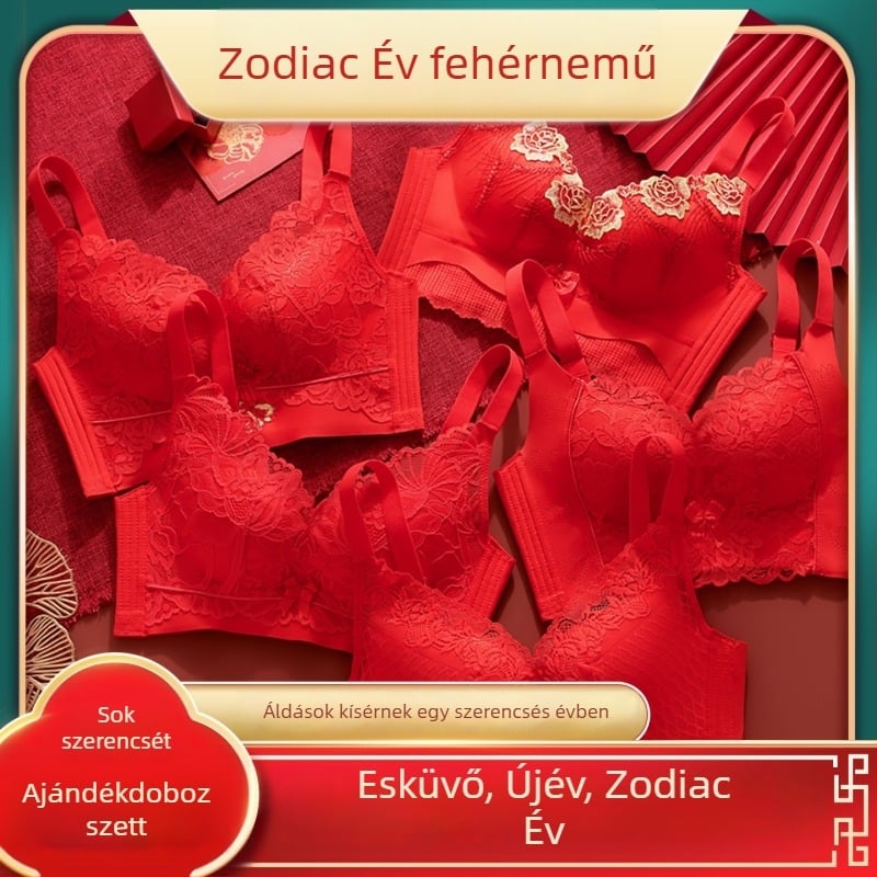 Vörös menyasszonyi fehérnemű szett, drót nélküli, emelő hatású, oldalsó támasz, 3/4-es kosárú csipkés melltartóval