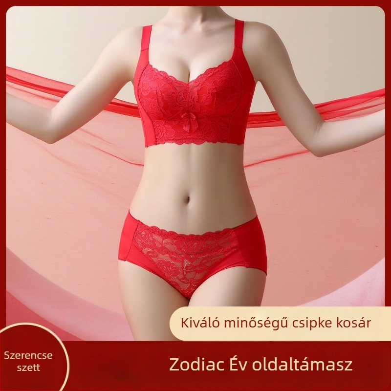 Vörös menyasszonyi fehérnemű szett, drót nélküli, emelő hatású, oldalsó támasz, 3/4-es kosárú csipkés melltartóval