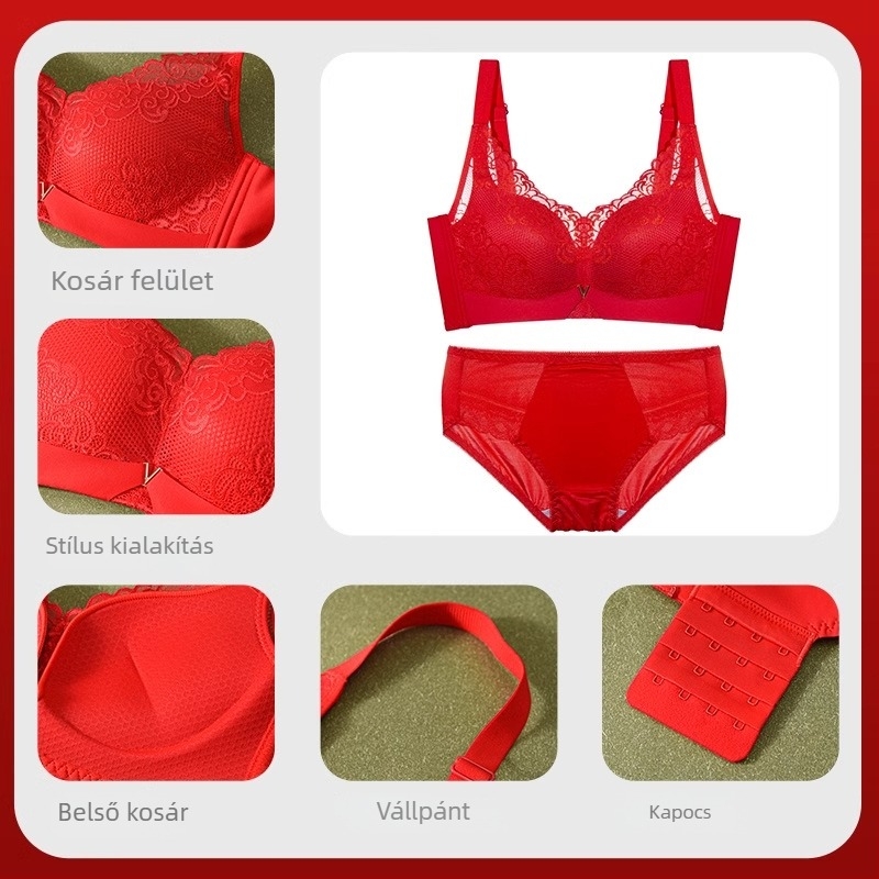 Langsha menyasszonyi piros csipkés melltartó és alsónemű szett, push-up kismellűeknek, gyönyörű hátsó rész, nylon