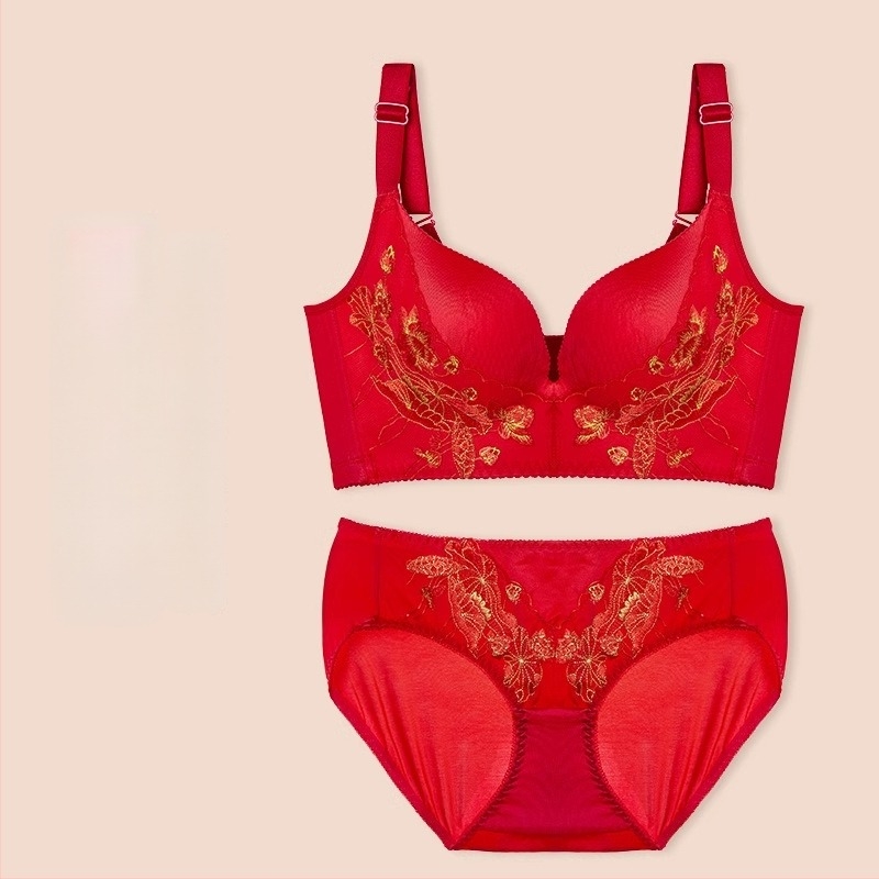 Langsha menyasszonyi piros csipkés melltartó és alsónemű szett, push-up kismellűeknek, gyönyörű hátsó rész, nylon