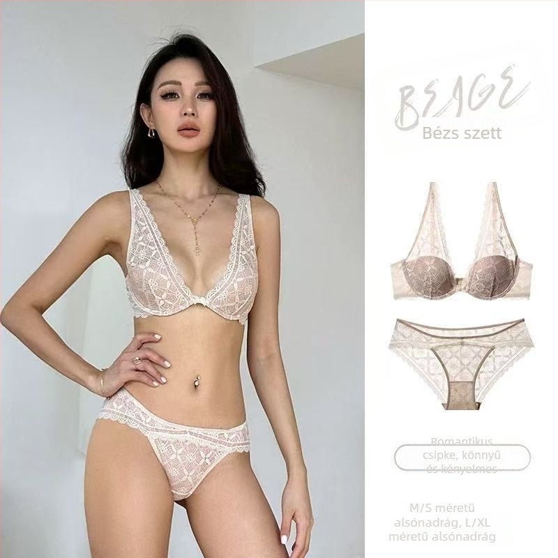 Női fehérnemű szett csipével, mély V, lélegző nylon, 3/4-es kosár, anti-lógás Push-Up melltartó