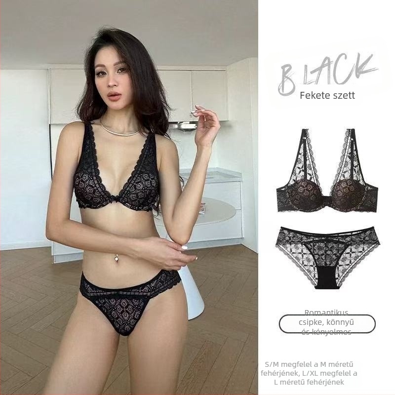 Női fehérnemű szett csipével, mély V, lélegző nylon, 3/4-es kosár, anti-lógás Push-Up melltartó