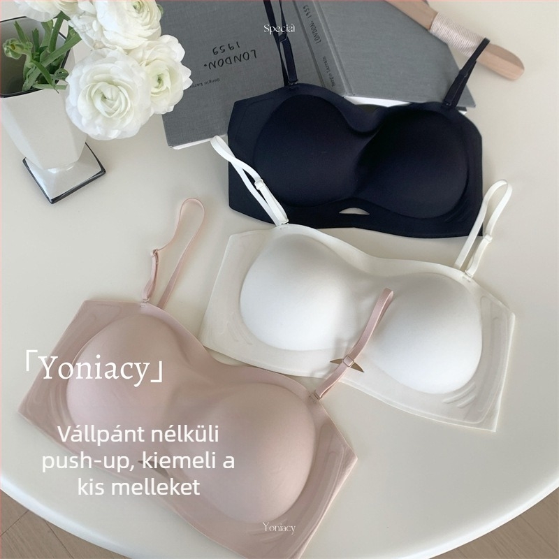 Váll nélküli, csúszásmentes bandeau melltartó push-up hatással, kis keblekre tervezett, varrat nélküli nyári viselet