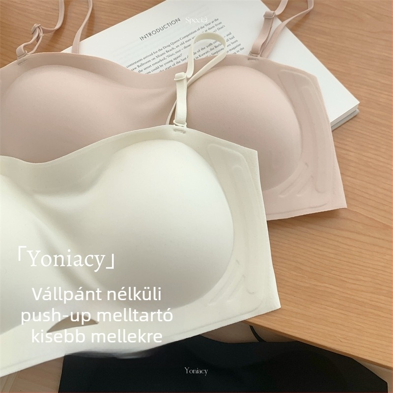 Váll nélküli, csúszásmentes bandeau melltartó push-up hatással, kis keblekre tervezett, varrat nélküli nyári viselet
