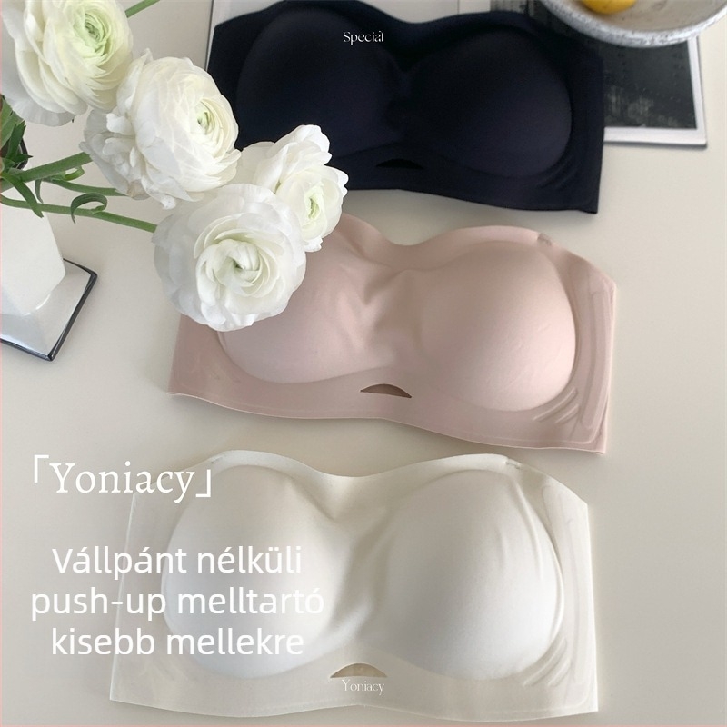 Váll nélküli, csúszásmentes bandeau melltartó push-up hatással, kis keblekre tervezett, varrat nélküli nyári viselet