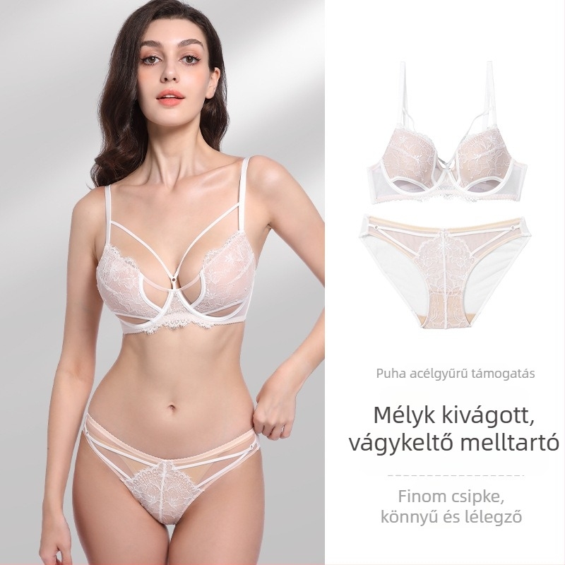 Francia stílusú csipkés Push-Up melltartó készlet, 3/4 kosár, vékony formázott kosár, rögzített dupla vállpántok, légáteresztő csipke nyárra