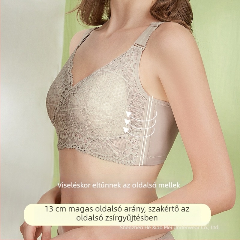 Plusz méretű drót nélküli melltartó, teljes kosár, minimizáló hatás, oldalrész összeszűrés, csipke, nejlon, pamut bélés, kivehető dupla vállpántok