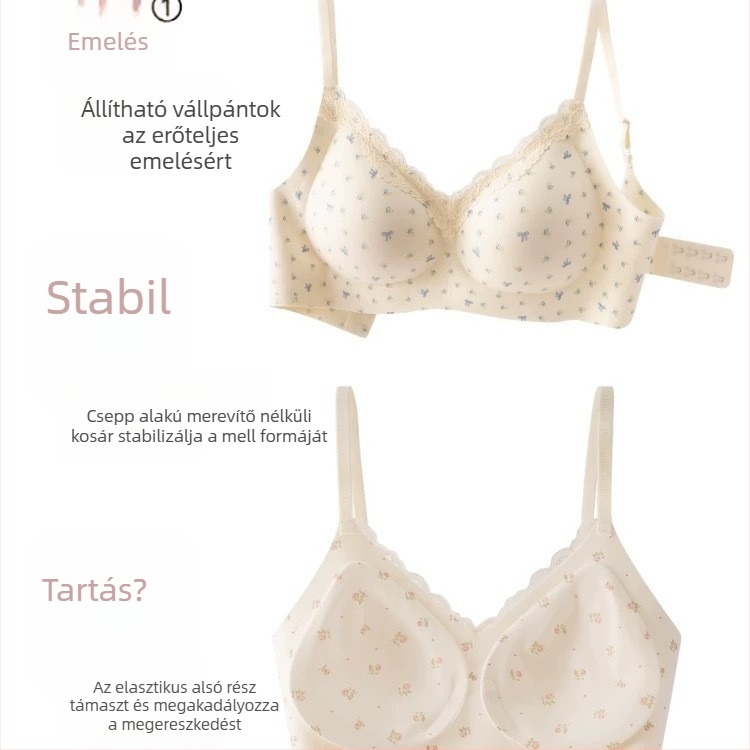 Drót nélküli virágos csipkés melltartó kis keblekhez, kényelmes, enyhe lift és anti-sag támogatás