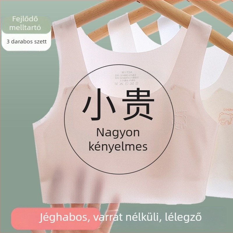 Lányoknak szánt mellény-stílusú melltartó, teljes kosár, formázatlan kosár, fő anyag viszkóz, bélés nylon, fixált dupla vállpántok, rajzfilmszerű minta