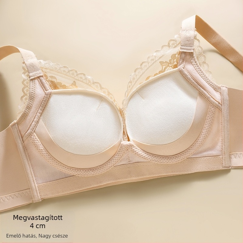 4 cm vastag párnázott kosár, drót nélküli, csipkés push-up melltartó, lágy nőies stílus, 3/4 kosár