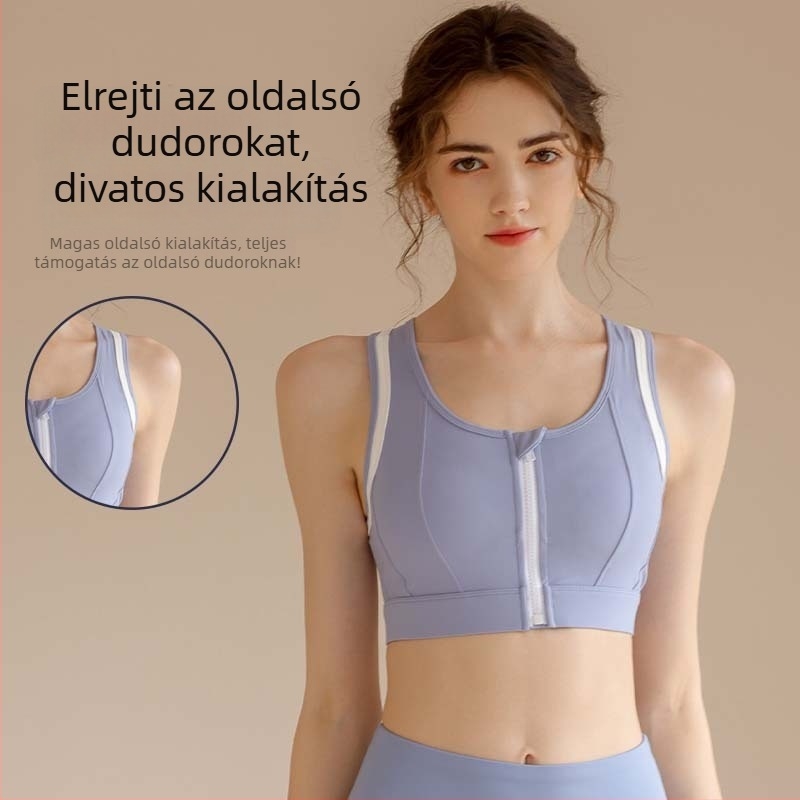 Női egyben sportmelltartó elöl cipzárral, formázott kosár, fix kettős vállpántok, nagy hatású támogatás